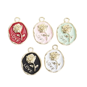 DIY enamel rose flower charms with LOVE engraving for jewelry making in five colors