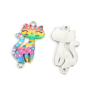 Detailed macro view of rainbow enamel cat charms with dual rings for DIY jewelry making