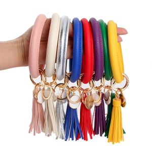 Mode PU-Leder Schlüsselring Armband Set in 8 Farben mit runden Emaille-Anhängern