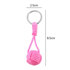 Pink handmade woven rope keychain with silver metal ring, dimensions 8.5cm by 2.5cm