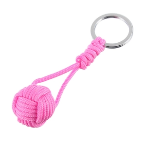 Close-up of bright pink hand-woven nylon rope keychain with polished silver metal ring