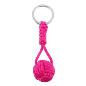 Bright pink handmade woven keychain with silver metal ring and monkey fist knot design
