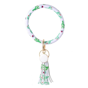 Armband-Schlüsselanhänger aus PU-Leder mit Kaktusmuster, Quasten und goldenem Verschluss
