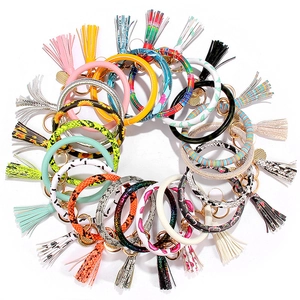 Fashion PU Leather O-Ring Keychain Bracelet With Tassel Pendant Wristlet Key Ring For Women Snake Leopard Print Jewelry Gift
