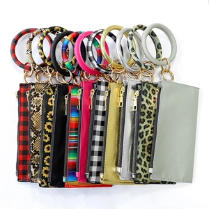Fashion PU Leather Bangle Keychain Wallet For Women Leopard Snake Skin Sunflower Printed Card Purse Zipper Keyring Wristlet Pouch