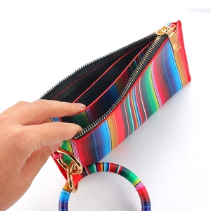 Colorful striped PU leather wristlet wallet with gold zipper and round bracelet handle