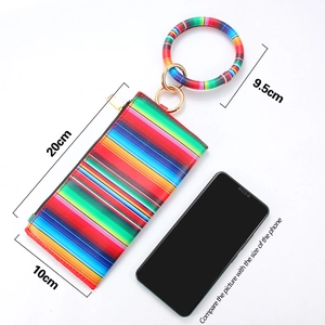 Ethnic striped PU leather wristlet wallet with ring handle and detailed dimensions