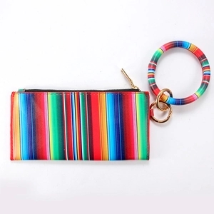 Detail of bohemian striped PU leather coin purse with golden zip and round wristlet handle