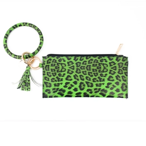 Groene luipaardprint PU-leren sleutelhanger set met ronde armband en franje detail