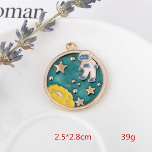 Detailansicht eines 2,5x2,8cm Astronauten- und Planeten-Emaille-Anhängers auf weißem Teller