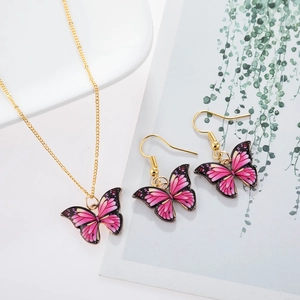 Women Alloy Butterfly Pendant Necklace Earring Jewelry Set Colorful Gradient Enamel Jewelry For Party Accessories Gift