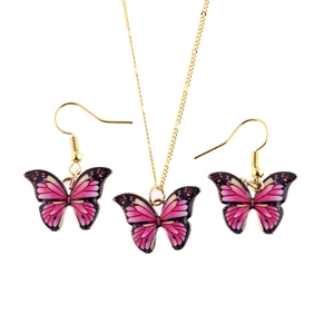 Detailed view of pink butterfly jewelry set with necklace and matching long hook earrings