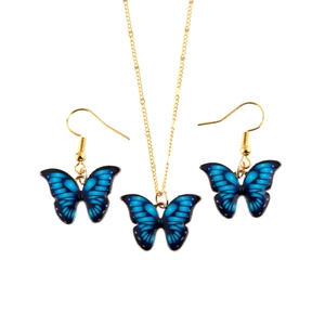 Fashionable blue gradient butterfly pendant necklace and drop earrings jewelry set