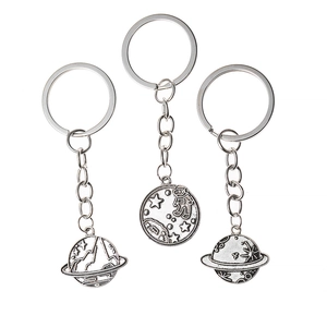 Retro silver planetary keychain set with astronaut and mountain relief motifs