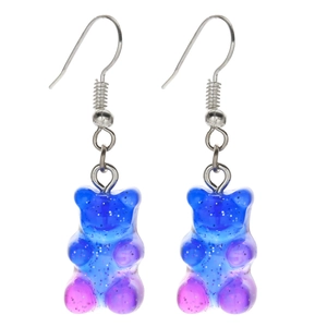 Schattige hars beer oorbellen met blauw-paars verloop en glinsterende glitters