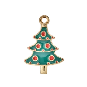 Nahaufnahme eines goldenen Weihnachtsbaum-Anhängers mit grüner Emaille und roten Punkten