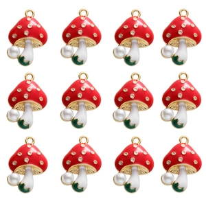 Set de 12 colgantes de setas en esmalte rojo con perlas y aros dorados para joyería DIY