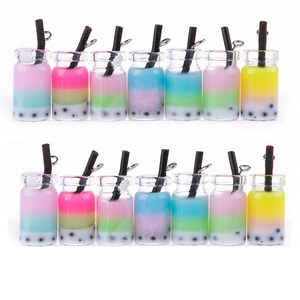 Miniature resin bubble tea pendants with colorful gradients and tiny black pearls for DIY crafts