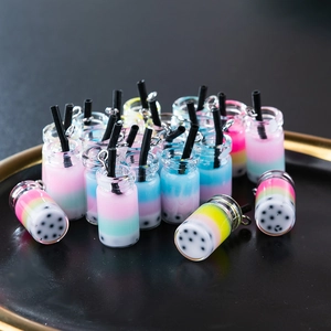 Miniature gradient pearl milk tea resin charms with silver metal rings for DIY jewelry making