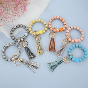 Fashion Wooden Bead Wristlet Keychain Bracelet Women Beaded Bangle PU Leather Tassel Snake Print Key Ring Car Key Holder