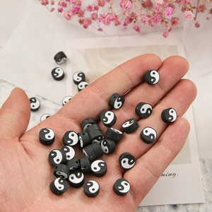50 pièces de perles rondes plates Tai Chi Yin Yang noir et blanc pour bijoux DIY 10mm