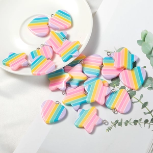 Colorful rainbow resin heart and star pendants with silver metal rings for DIY jewelry