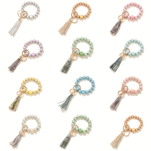 Silicone and wood bead keychain wristlet set with stylish tassel and lobster clasp