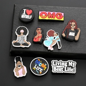 Set of 8 colorful PVC shoe charms for clogs featuring empowerment slogans and yoga themes