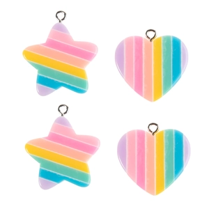Rainbow striped resin heart and star pendants set with silver rings for jewelry