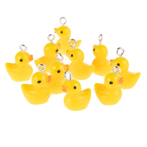 Set of 10 yellow resin duck pendants with silver rings for DIY jewelry and crafts
