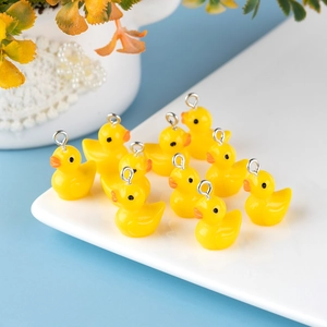 Set of 10 cute yellow resin duck pendants with silver metal hooks for DIY jewelry making
