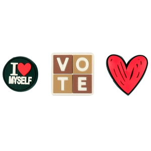 3pcs set of Black Girl Magic shoe charms with I Love Myself and Vote text on white background