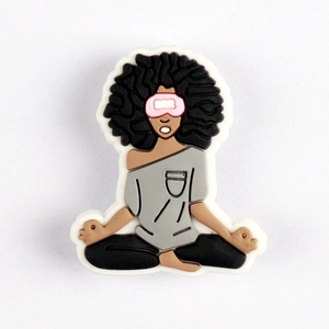 Cartoon Afro woman in meditation pose PVC shoe charm accessory for clogs shoes