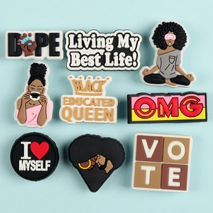 Set of 9 PVC shoe charms featuring African American girls and fashion quotes for clogs