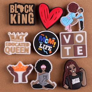 9-piece set of black culture PVC shoe charms featuring royal queen and king motifs