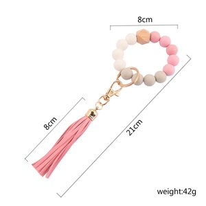 Llavero de pulsera con cuentas de silicona Morandi, cuenta de madera y borla de cuero