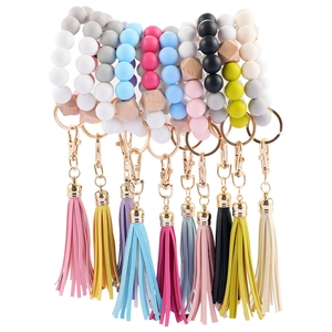 Set de pulsera llavero de cuentas de silicona Morandi con borlas y madera