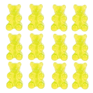 Detail of 12 fluorescent yellow resin gummy bears for DIY jewelry and crafts