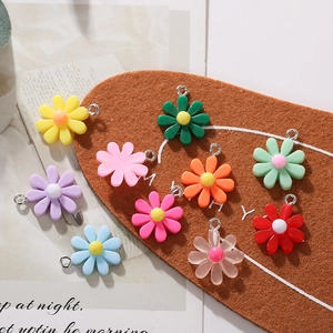 Colorful resin daisy flower pendants with metal loops for DIY necklaces and earrings