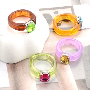 Set of colorful resin rings featuring square faux gemstones in vibrant candy colors