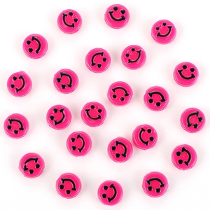 Perles rondes plates fuchsia en résine avec sourire pour création de bijoux DIY