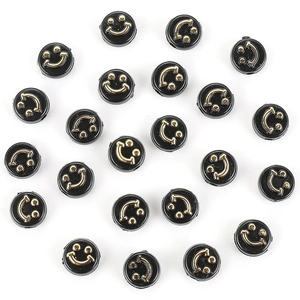 Perles plates rondes en résine noire avec motif smiley doré pour bijoux faits main