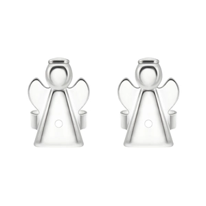 Minimalist silver metal angel shaped earring lifters in geometric design on white background