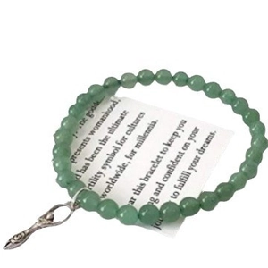 Pulsera de cuentas verdes con amuleto de diosa plateada y tarjeta de mensaje simbólico