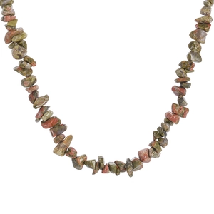 Close-up of Hawaiian style natural irregular green and reddish gravel stone necklace