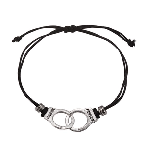 Handmade woven heart handcuffs bracelet set featuring silver freedom engraved charms
