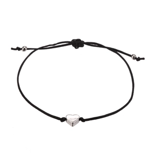 Minimalist handmade black woven heart bracelet set with adjustable silver metallic accents