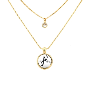 Golden double-layer box chain necklace with cubic zirconia and letter A pendant