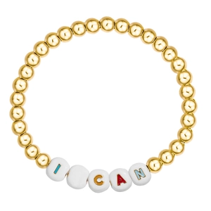 Fashionable gold bead bracelet with I CAN message beads on a clean white background
