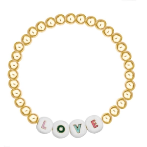 Detail view of a golden beaded bracelet featuring colorful LOVE letter charms on white beads
